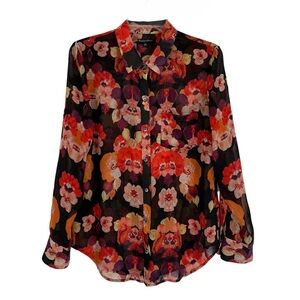 Broadway & Broome Women Black Floral Button-Down Shirt Size S Semi-sheer
